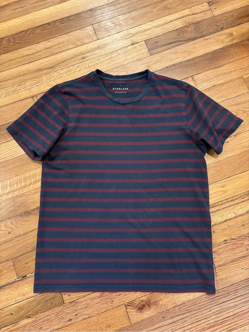 Everlane Navy and Burgundy Striped Crewneck Tee